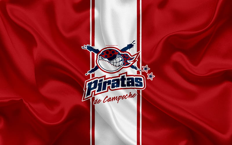 Piratas de Campeche Mexican baseball club, logo, silk texture, LMB, emblem, red white flag, Mexican Baseball League, Triple-A Minor League, San Francisco de Campeche, Mexico, HD wallpaper