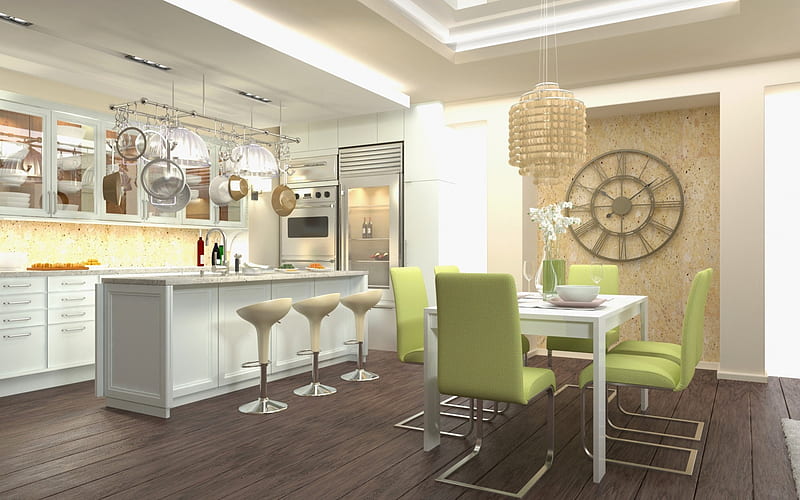 modern stylish kitchen interior, modern design, green chairs, kitchen design, large clock on the wall, HD wallpaper