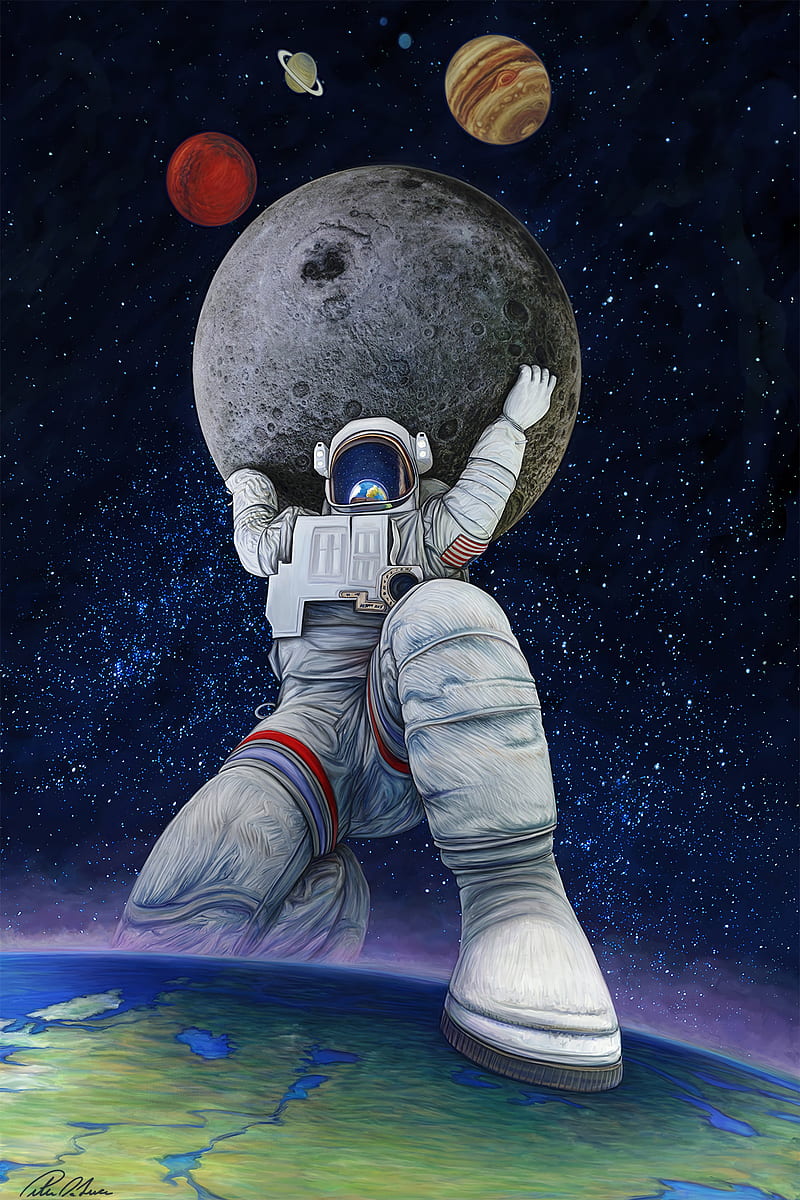 astronaut, giant, art, planets, space, HD phone wallpaper