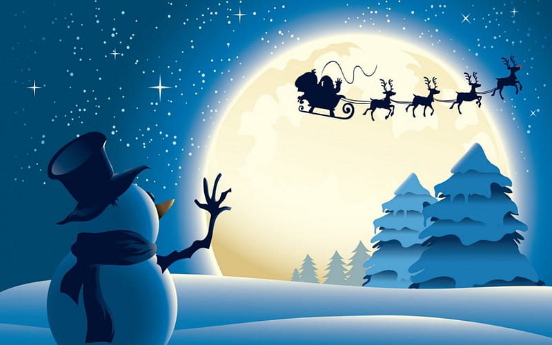 Snowman Waving at Santa, father christmas, christmas, trees, snowman, winter, santa, moon, snow, reindeer, HD wallpaper