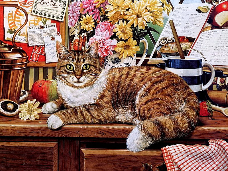 Posing in my studio * Painting by Geoffrey Tristam, table, feline, geoffrey tristam, painting, flower, desk, cat, HD wallpaper