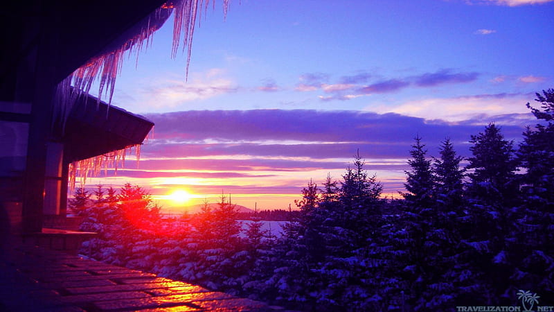 Winter Landscape at Sunset, sun, sunsets, landscapes, nature, trees, winter, HD wallpaper