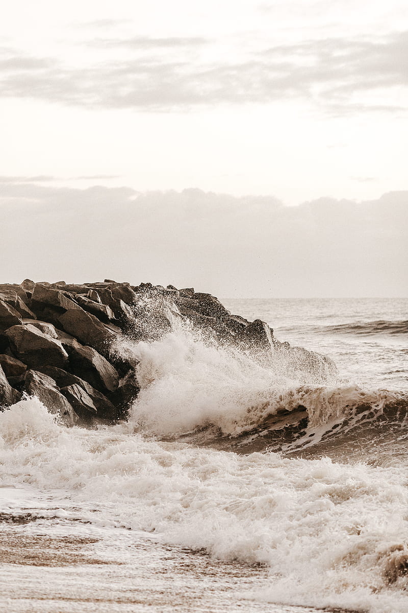 sea, waves, spray, stones, shore, surf, HD phone wallpaper