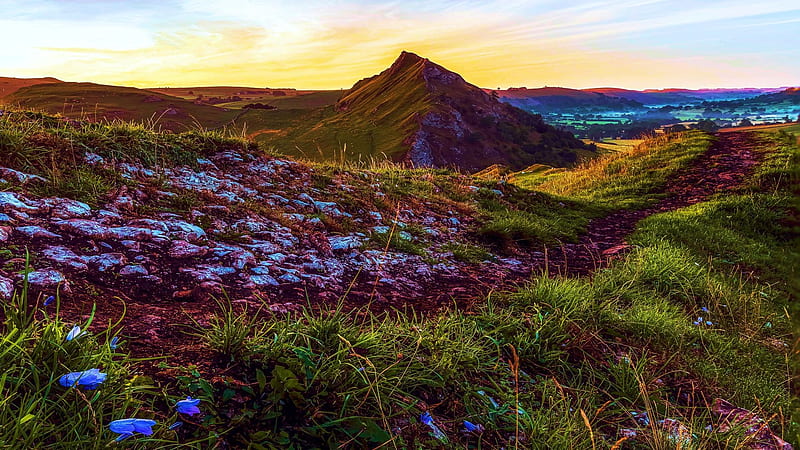 Parkhouse Hill, Peak District, UK, sky, stones, landscape, colors, england, sunrise, HD wallpaper