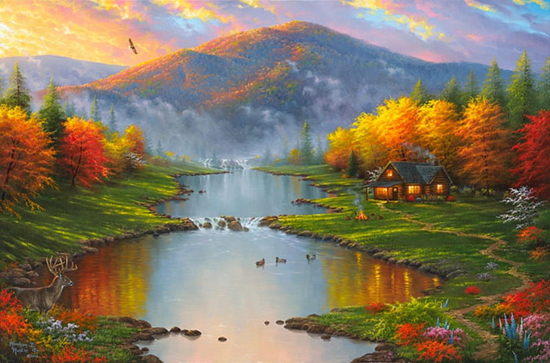 evening retreat, mountain, artist, autumn, painted, beauty, fine art, HD wallpaper