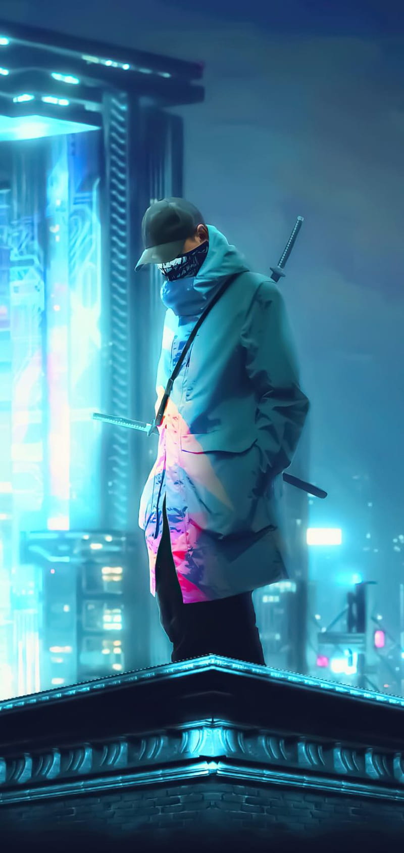 cyberpunk 2077, city, game, katana, night, ninja, white, HD phone wallpaper