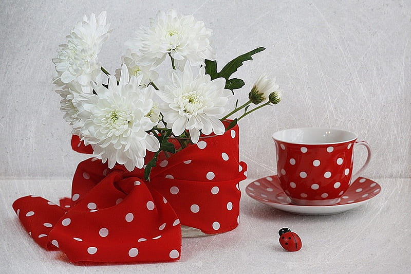 still life, red, pretty, chrysanthemum, bonito, gently, tea, graphy, nice, flowers, drink, harmony, lovely, elegantly, ladybug, cool, bouquet, coffee, points, cup, flower, scarf, white, HD wallpaper