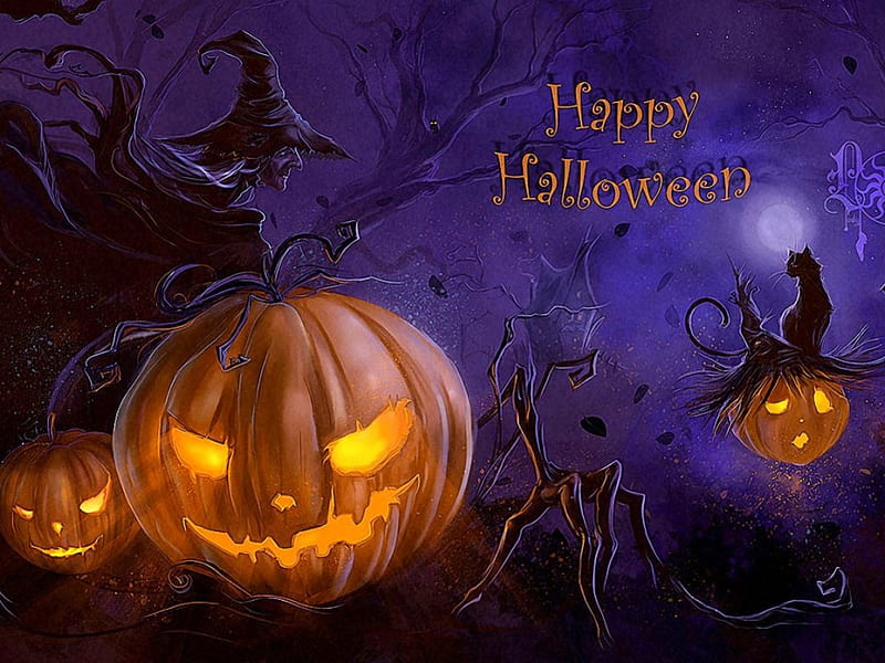 Happy Halloween, owl, witch, house, hats, jack o lanterns, cat, tree, leaves, black cat, Halloween, pumpkins, HD wallpaper