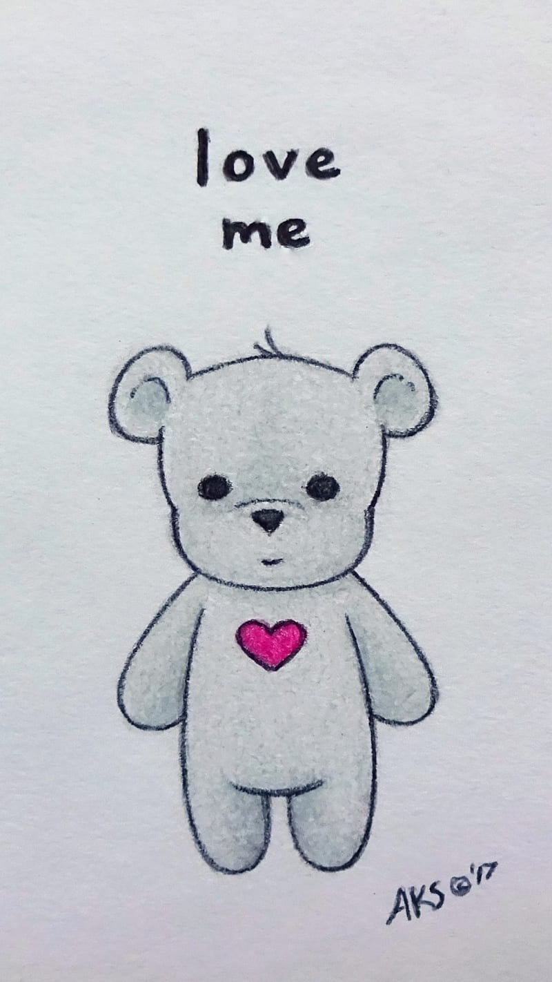 Love Me Bear, animals, anime, art, cute, drawn, heart, sayings, teddy bear, words, HD phone wallpaper