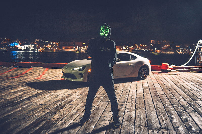 Mask Man With Car, neon, mask, graphy, HD wallpaper