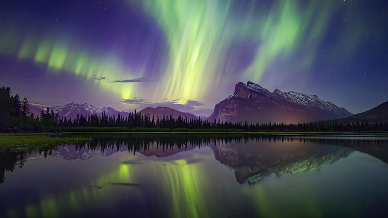 Aurora Borealis Mountains Lake Reflection Banff National Park Nature, HD wallpaper