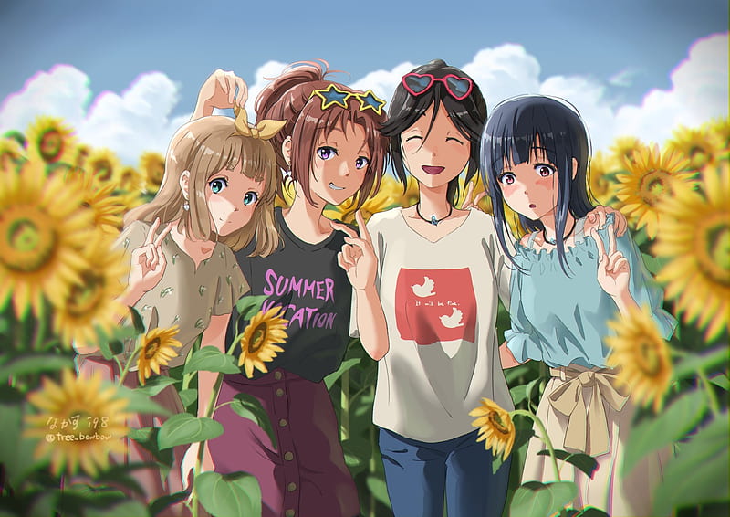 kasaki nozomi, yoroizuka mizore, nakagawa natsuki, hibike euphonium, sunflowers, Anime, HD wallpaper