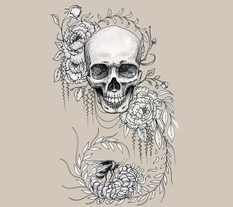 Skull Flowers Tattoo, art, cool, desenho, hipster, ink, punk, tat, tattooed, ob2, tat, tat1, HD wallpaper