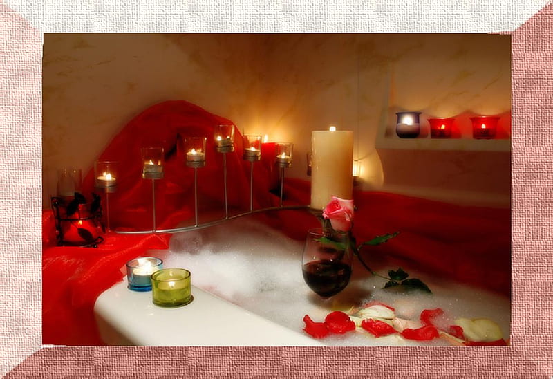 Romantic weekend, red, glow, dreamy, rose, bath, bonito, fantasy, bubbles, wineglass, romantic, wine, roses, candles, fire, glass, tub, water, petals, HD wallpaper