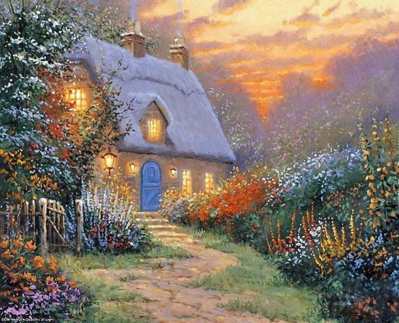 Nicky Boehme, beautifully, house, illuminated, alley flowers, HD wallpaper