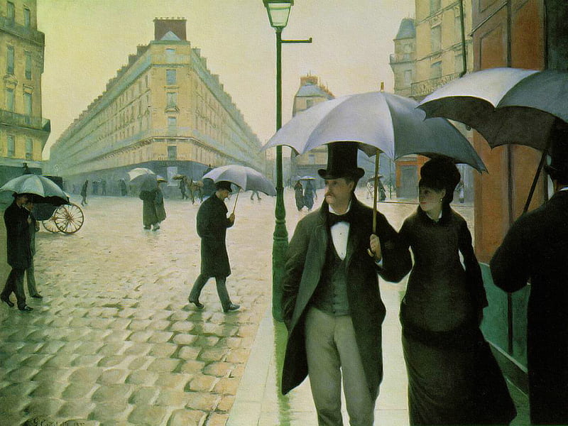 Paris Street on a Rainy Day, umbrellas, art, 1877, paris, rainy, classic art, day, gustave-caillebotte, street, HD wallpaper