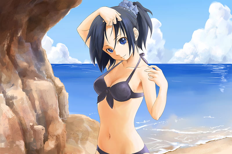 LOvely bikini Girl, cute, rocks, girl, anime, hot, sky, sexy, sea, HD wallpaper