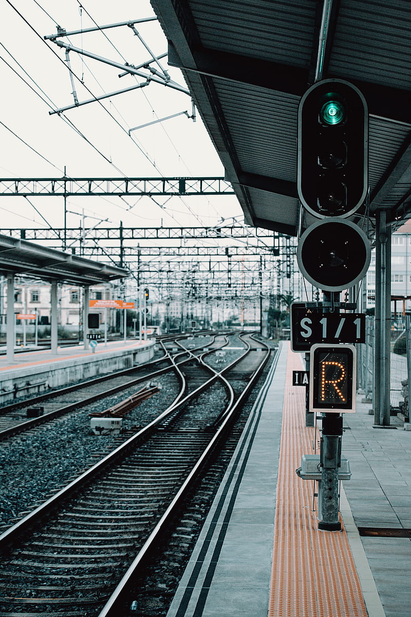 railway, rails, station, traffic light, platform, HD phone wallpaper