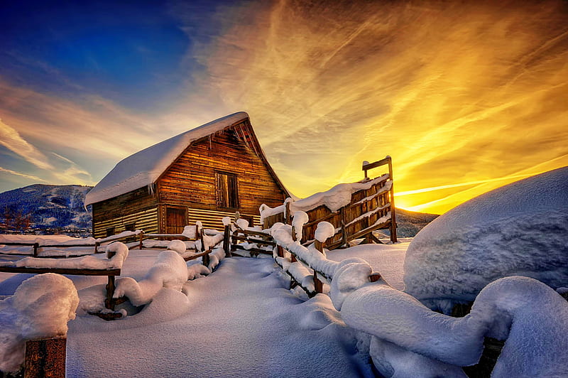 1080p Free Download Wooden Mountain House In Winter Fence Colorful