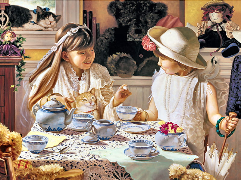 Little Girls' Teatime F, architecture, table, art, bonito, cat, teatime, artwork, feline, little girl, painting, wide screen, chairs, scenery, HD wallpaper