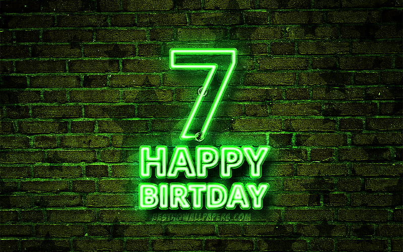 Happy 7 Years Birtay green neon text, 7th Birtay Party, green brickwall, Happy 7th birtay, Birtay concept, Birtay Party, 7th Birtay, HD wallpaper