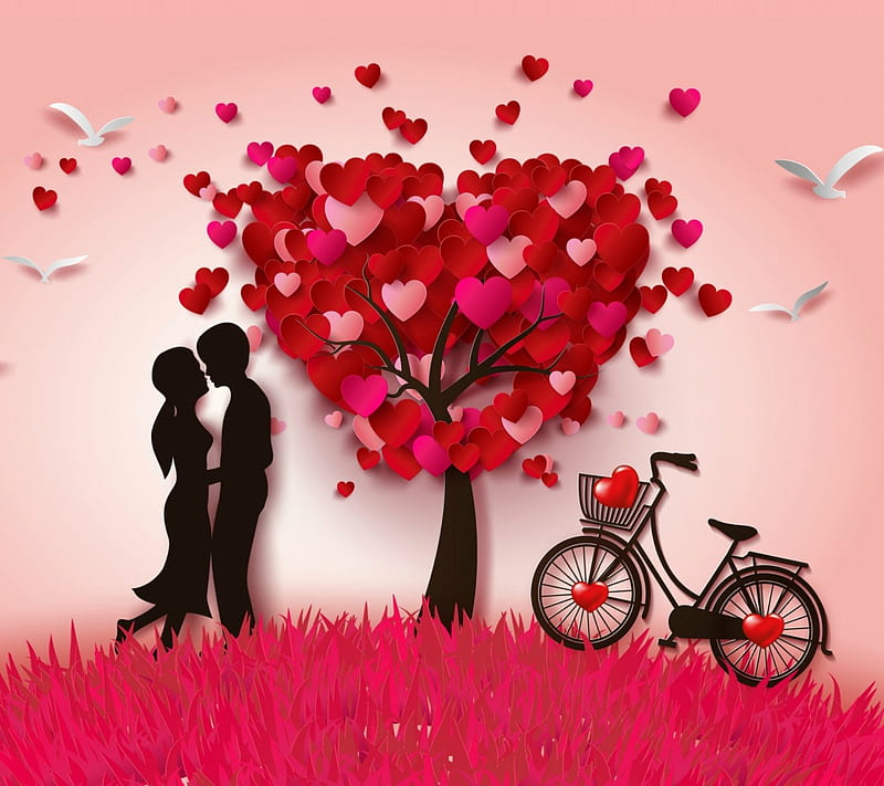 Love Tree, valentines, abstract, corazones, tree, love, bike, white doves, couple, vector, HD wallpaper