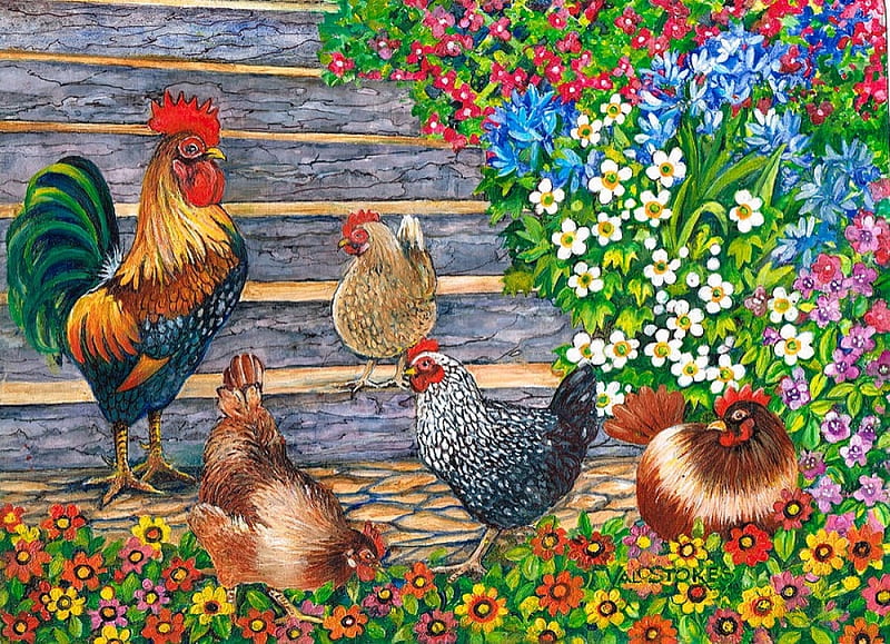 Stepping out, rooster, hens, painting, poultry, flowers, artwork, HD wallpaper