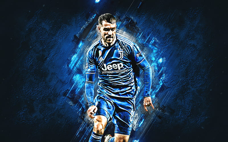 Aaron Ramsey, Juventus FC, Welsh footballer, midfielder, Serie A, blue stone background, football, Italy, HD wallpaper