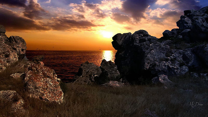 Rocky Sunset, rocks, cliffs, Pacific Northwest, sunset, clouds, sky, Firefox Persona theme, sea, HD wallpaper