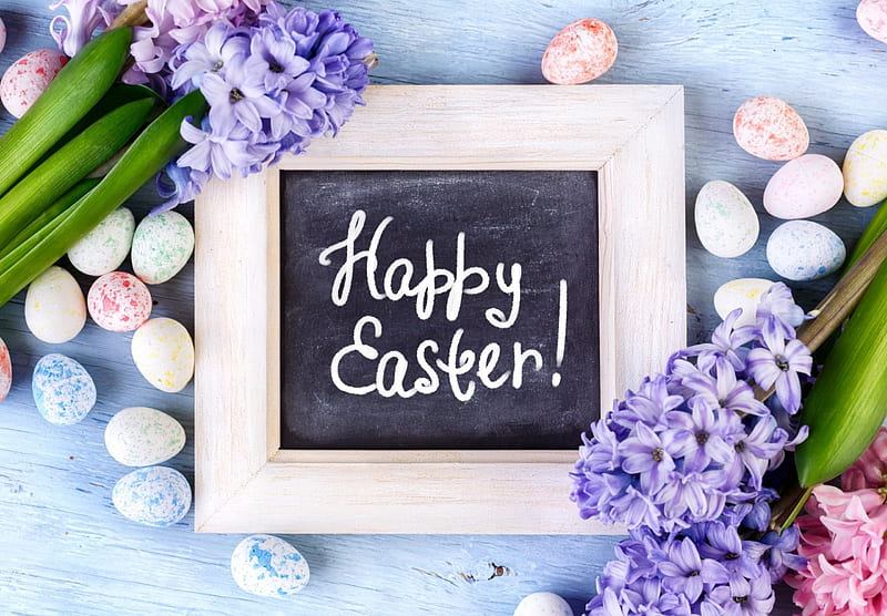 Happy Easter, hyacinths, text, holiday, frame, words, still life, Easter, eggs, flowers, Spring, wood, HD wallpaper