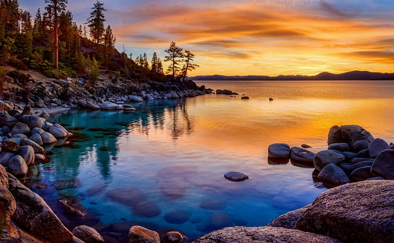 Tahoe colors, shore, calmness, colors, bonito, sunset, America, trees, sky, lake, California, serenity, Tahoe, reflection, HD wallpaper