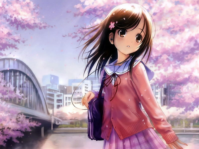 Anime girl, sakura tree, pink, girl, anime, HD wallpaper