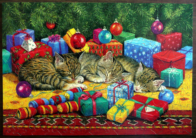 :), christmas, persis clayton weirs, painting, pisici, kitten, cat, pictura, art, sleep, craciun, HD wallpaper