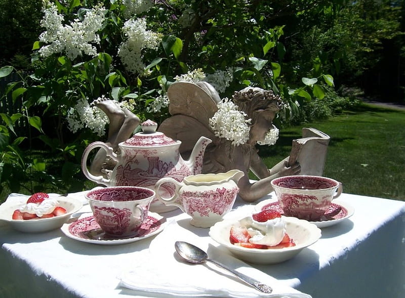 Lilacs Garden Tea Party, table, flowers, garden, nature, tea party, HD wallpaper
