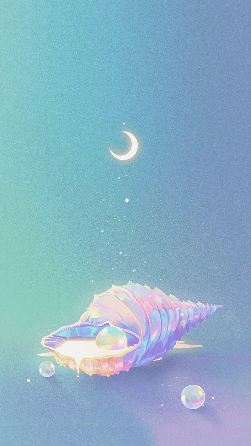Pastel Seashell, blue, drawings, moon, pearls, pink, seashells, HD phone wallpaper