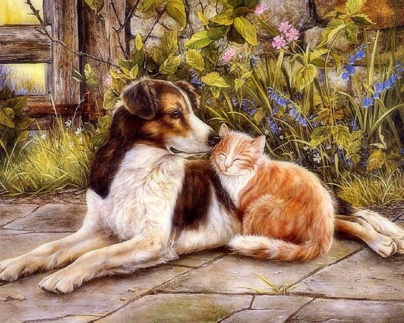 We're Best Friends, cute, paintings, draw and paint, flowers, love four seasons, cats, animals, dogs, HD wallpaper