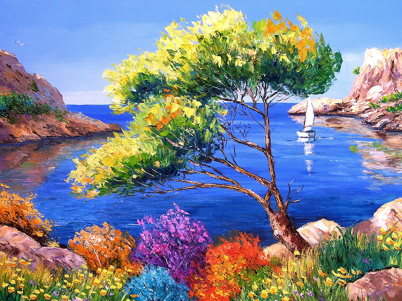 French pastoral scenery, oil painting, ship, rock, ocean, flowers, trees, landscape, HD wallpaper