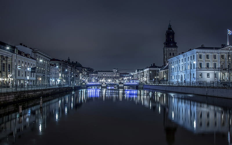 Gothenburg, night, bridges, river, cityscape, Sweden, HD wallpaper