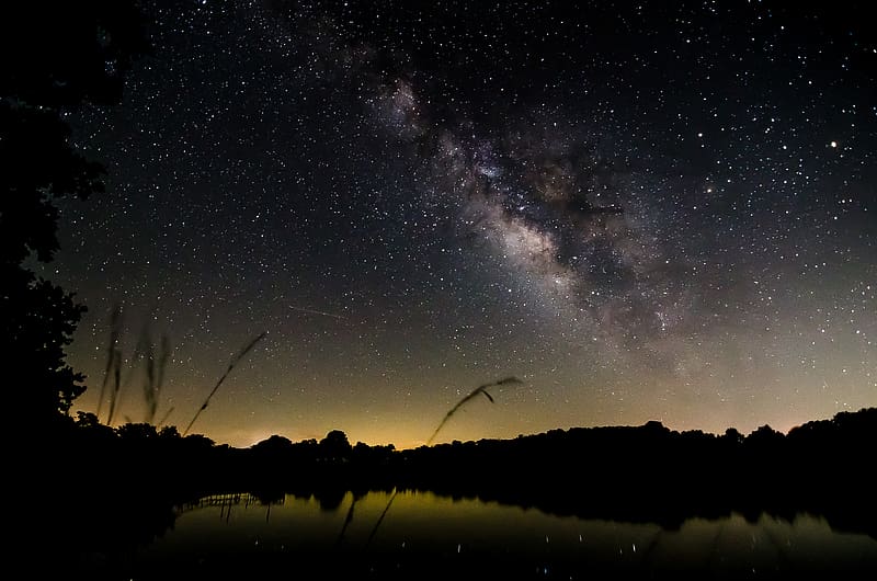pond, night, milky way, trees, HD wallpaper pond, night, milky way, trees, HD wallpaper