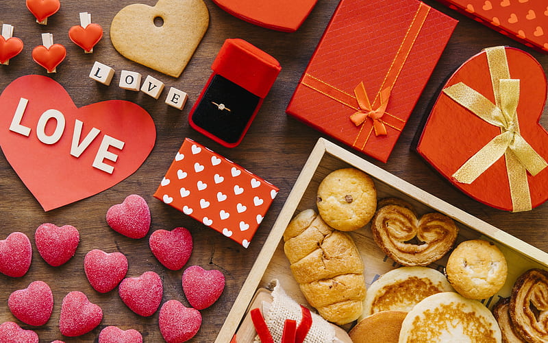 Valentines Day, example of a romantic breakfast, cookies, corazones, gifts, marriage offer, engagement ring, HD wallpaper