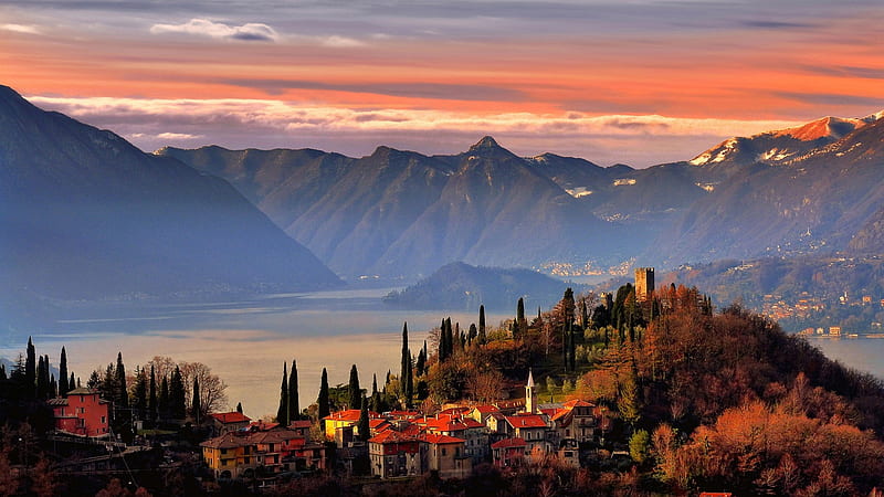Village in Italian Mountains, colors, sunset, alps, sky, lake, mist, HD wallpaper