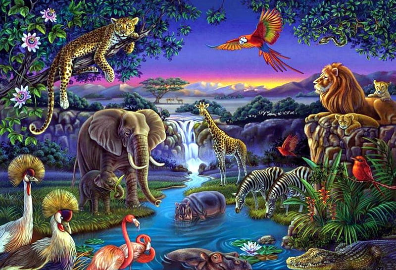 African Animals, leopard, elephant, crane, flamingo, parrot, lion, hippo, crocodile, giraffe, HD wallpaper