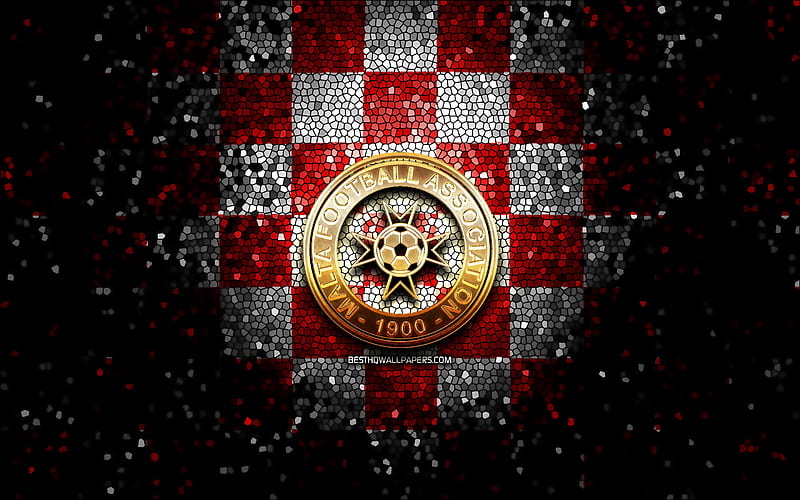 Maltese football team, glitter logo, UEFA, Europe, red white checkered background, mosaic art, soccer, Malta National Football Team, MFA logo, football, Malta, HD wallpaper
