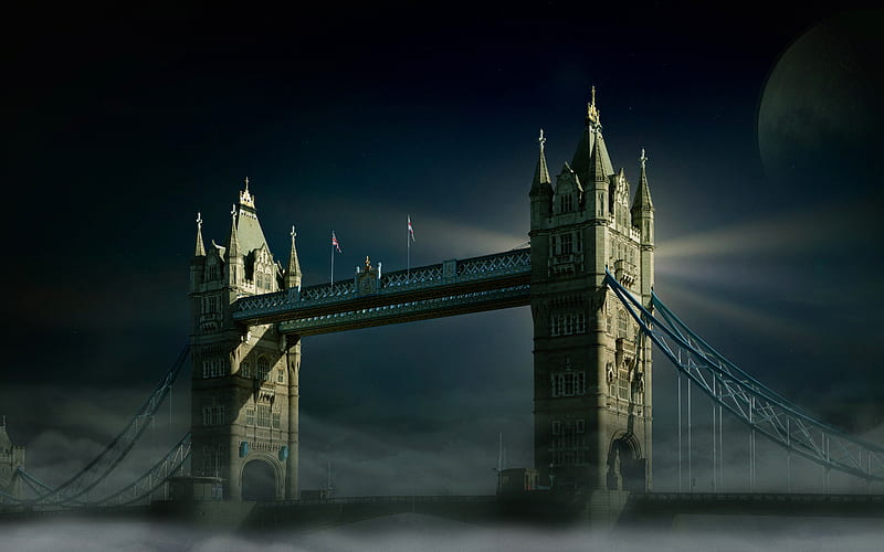 London, night, Tower Bridge, moon, english landmarks, UK, England, HD wallpaper