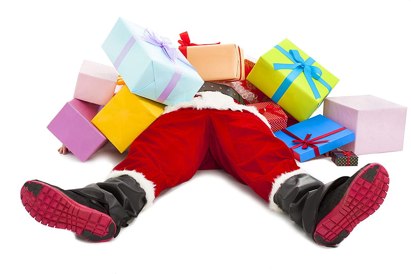 Very tired Santa, red, colorful, craciun, legs, christmas, man, gift, situation, santa, funny, shoes, HD wallpaper