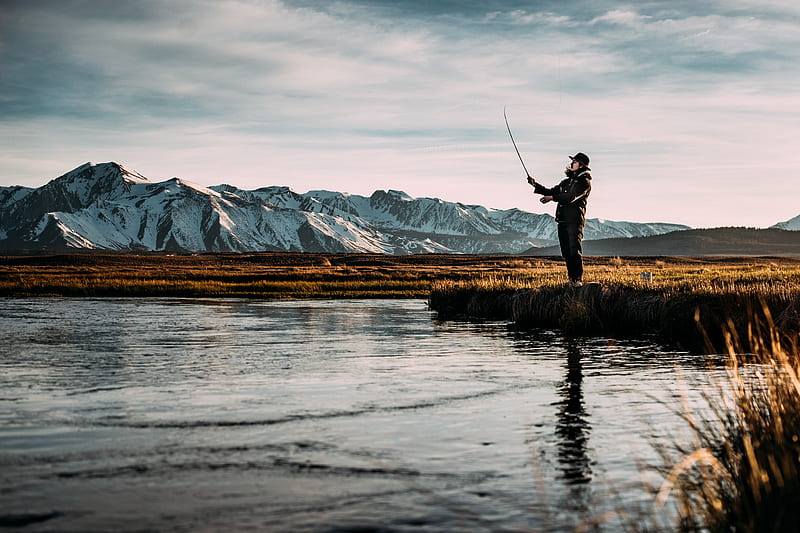 landscape of man fishing on river near mountain alps, HD wallpaper