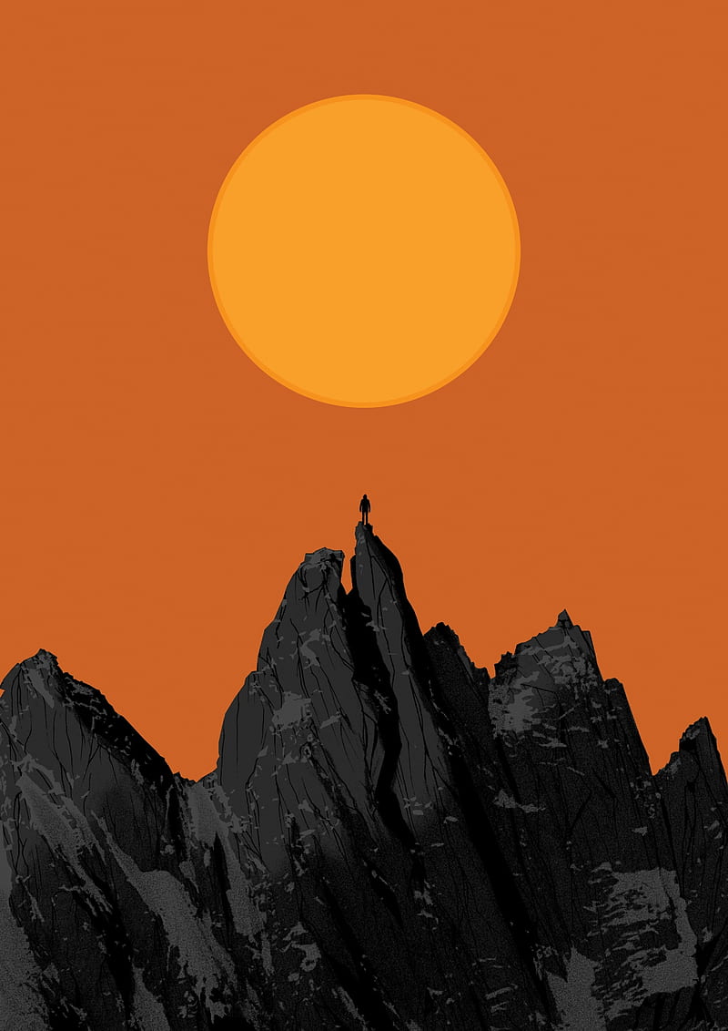 portrait display, artwork, digital art, mountains, rock climbing, Sun, orange background, HD phone wallpaper