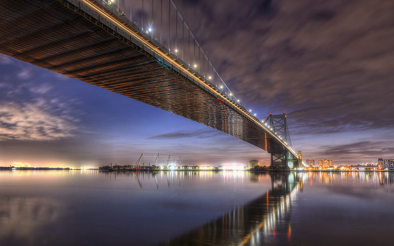 Benjamin Franklin Bridge, Philadelphia, Delaware River Bridge, evening, sunset, Delaware River, Philadelphia cityscape, Pennsylvania, USA, HD wallpaper