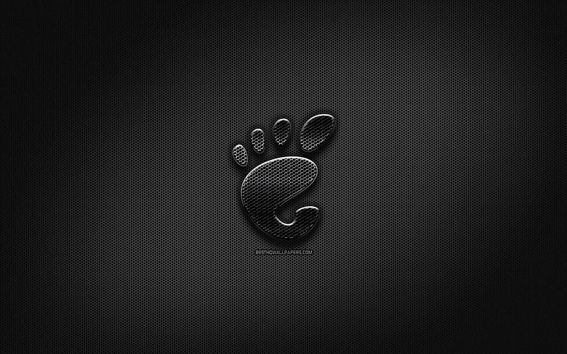 Gnome black logo, creative, metal grid background, Gnome logo, brands, Gnome, HD wallpaper