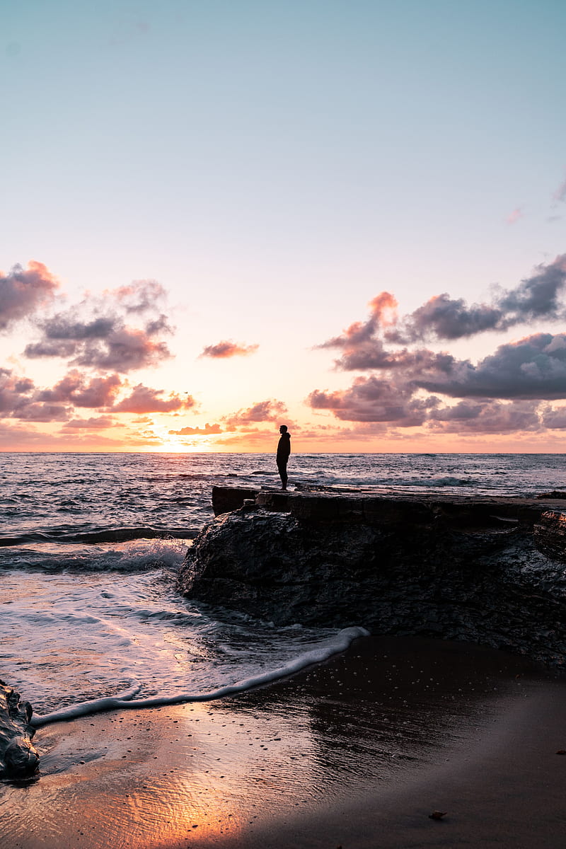 man, silhouette, alone, rock, sea, sunset, HD phone wallpaper